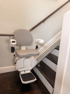 The Pilot Aviator E603 Straight Stairlift with Silk Gray Upholstery Aviator E603 Straight Stairlift Light Brown Upholstery